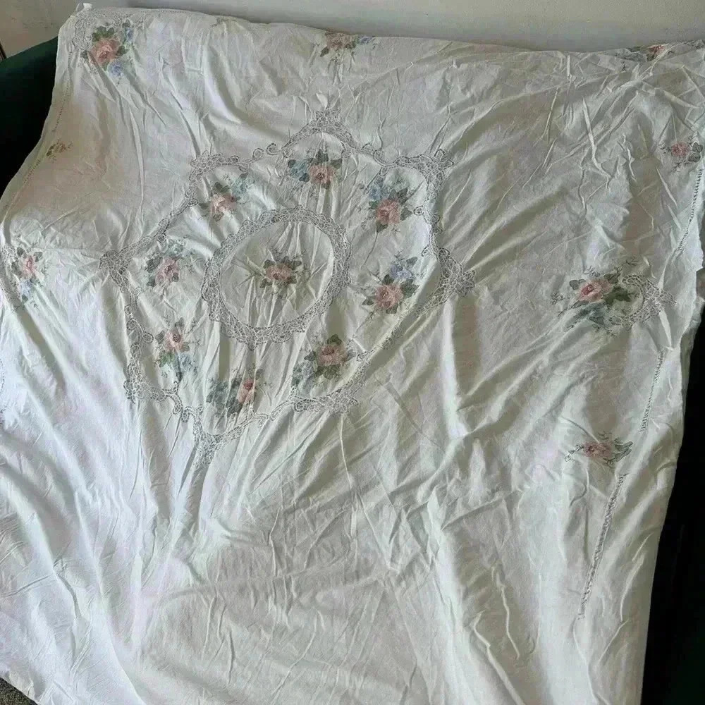 Vintage White Duvet Cover with Pink and Green Floral Embroidery